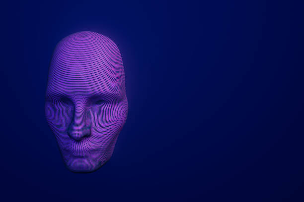 A model of a human face appears with a purple texture. The background is blue, creating a contrast that highlights the features. This design shows modern digital art.