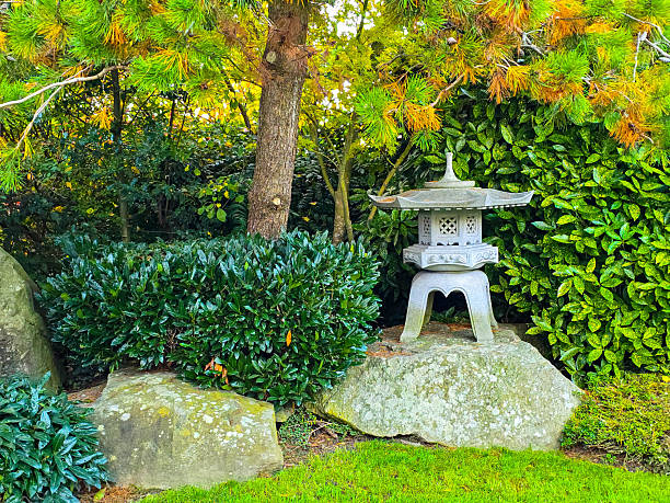 A traditional Japanese snow-viewing lantern (Yukimi-doro) carved from granite, resting on a large natural rock base. It is surrounded by vibrant green shrubs, manicured pine trees, and yellow autumn foliage, creating a serene and harmonious landscape