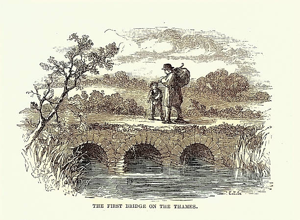 First bridge over the Thames river, 19th Century, 1850s Victorian art