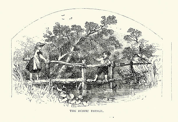 Children crossing a rustic bridge 19th Century, 1850s Victorian art