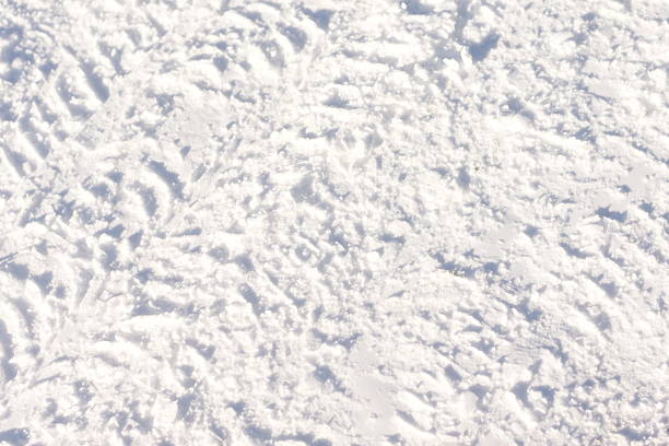 Snow texture on a road with visible car tire tracks, top view. Winter minimal background, snowy road surface.
