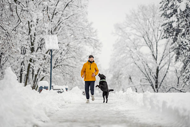 Woman playing with the dog in fresh snow.