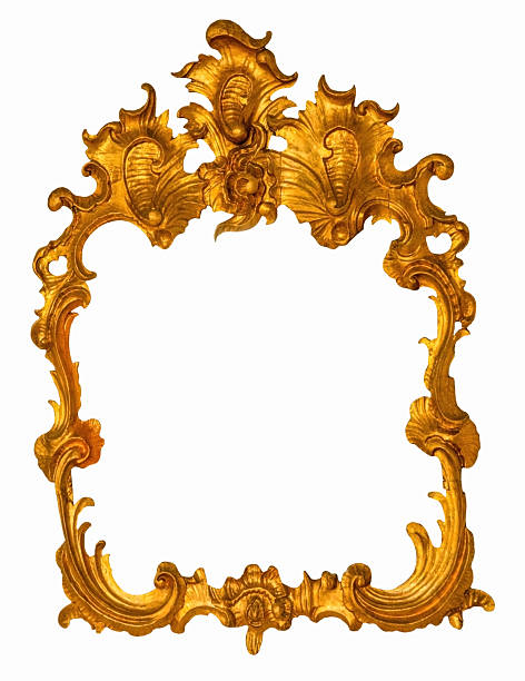 Old antique elegant hand carved golden asymmetric rococo frame with ornamental decoration isolated on white background.