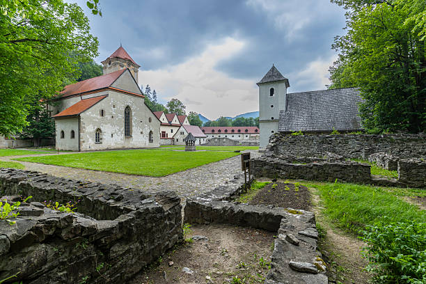 Ancient Cerveny Klastor monastery complex in Slovakia, surrounded by scenic Pieniny mountains