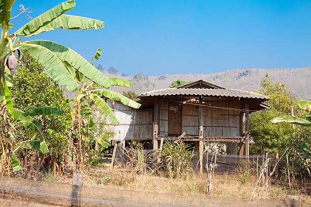 Simple thai farm house in rural thai village in countryside of northern Chiang Mai province. Village is empty. Name of village is unknown