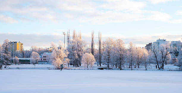 Winter cityscape on the lakeshore. Lahti, Finland.