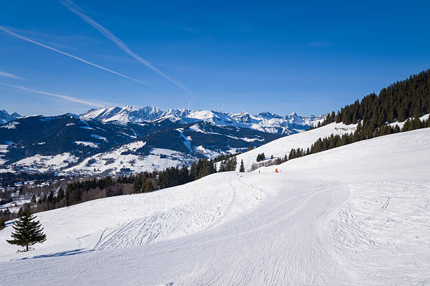 istock Sunny ski slope with panoramic Alps view Megeve 2254937443