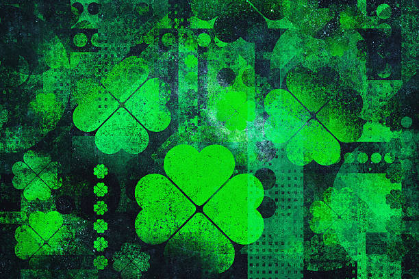 This vibrant St. Patrick's Day digital illustration showcases multiple four-leaf clovers against a dark, textured grunge background. Perfect for Irish cultural celebrations and festive designs, the emerald green hues and weathered aesthetic create a unique, modern look emphasizing both luck and tradition.