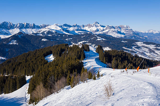 istock Alpine ski slope winding through snowy forest Megeve 2254942483