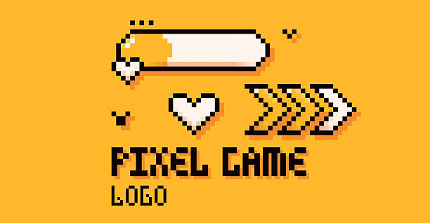 Pixel yellow loading bar, arrow, logo, heart.