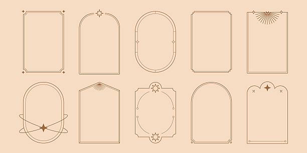 Boho arch frames. Minimal line geometric borders with mystic celestial simple shapes, magic nordic esoteric frames for badge design. Vector contemporary set.