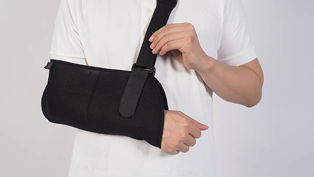 istock A man wearing a black orthopedic arm sling 2254951639