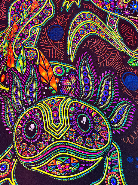 Close-up of colorful Huichol-inspired folk art featuring intricate geometric patterns, symbolic shapes, and vivid neon colors. Traditional Mexican indigenous art style representing spirituality, nature, and cultural heritage.