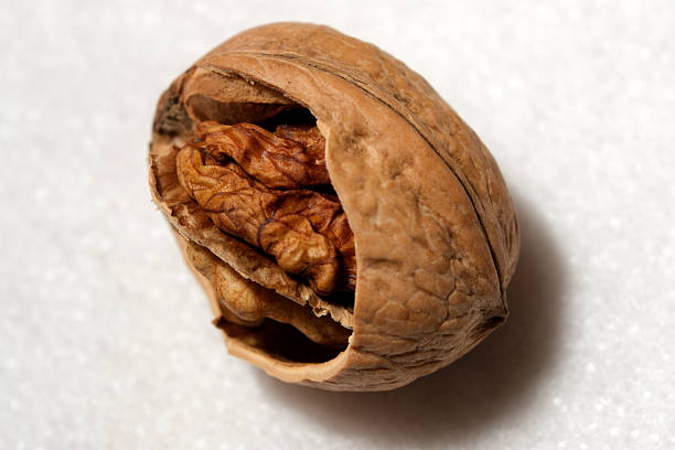 This macro photograph reveals the unique textures and colors of a walnut, showcasing its intricate patterns and natural beauty.