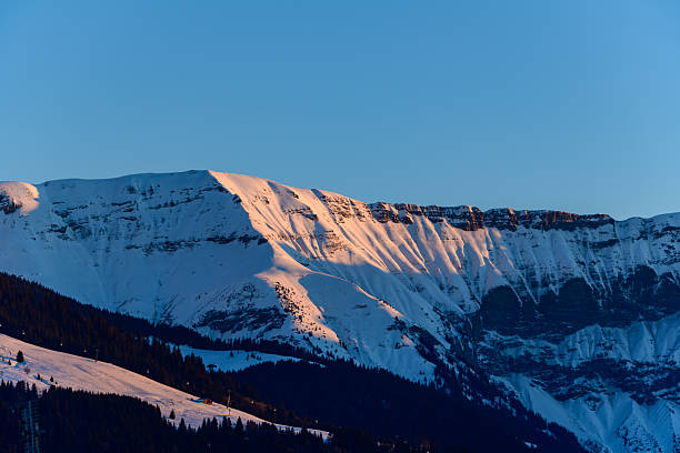 Mont Joly's snow-covered face is illuminated by the soft glow of early morning sunlight, casting long shadows over the forested foothills beneath a clear blue sky in the French Alps.