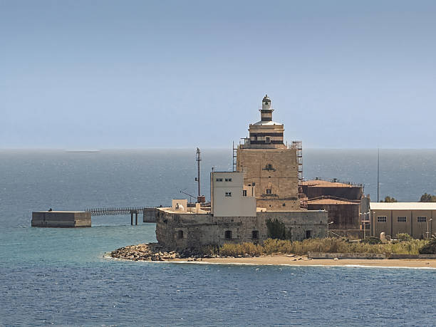 Messina, Sicily, Italy - July 18, 2024: Faro Lanterna di San Raineri, historic light tower, closeup