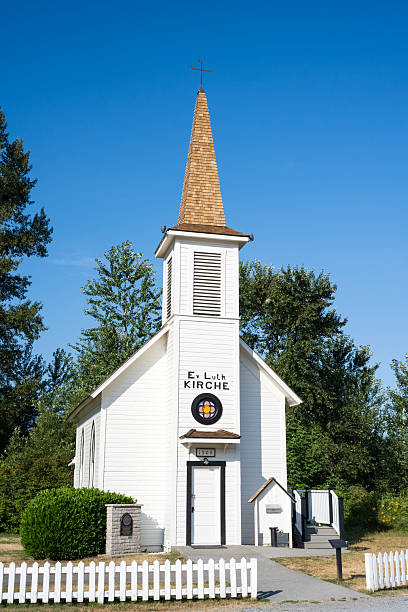 Close up of St.James Anglican Church and St. John's Lutheran Church in Mahone Bay