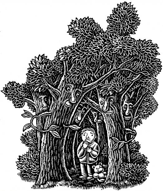 scared boy and teddy bear alone in a forest of friendly trees