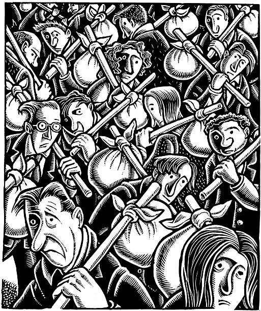 crowd of homeless middle class people with bindlestiffs to illustrate housing crisis