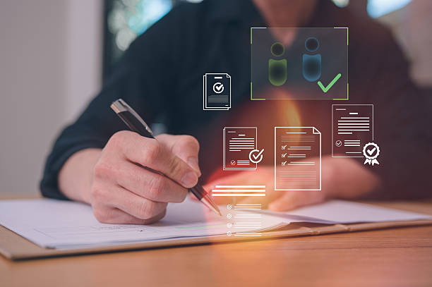 istock Business professional signing document with digital verification icons, HR approval workflow, compliance checklist and corporate authorization concept 2254977799