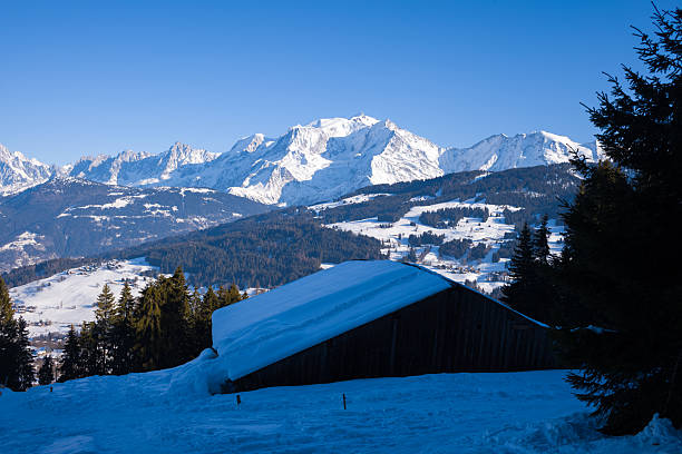 istock Rustic alpine barn with snowy Mont Blanc peaks 2254986760