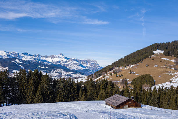 Wooden alpine cabin sits at the edge of a pine forest overlooking snow-dusted slopes and the dramatic peaks of the Aravis range under a bright blue sky. Crisp winter textures and open landscape evoke a peaceful, remote atmosphere.