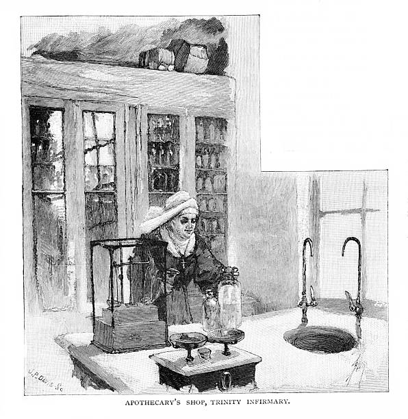 Pharmacy at a medical clinic at Trinity Episcopal Church on Wall Street in  New York City, New York State, USA. Illustration engraving published 1879. This edition is in my private collection. Copyright is in public domain.