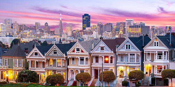Painted Ladies at Alamo Square with San Francisco Skyline at Dusk