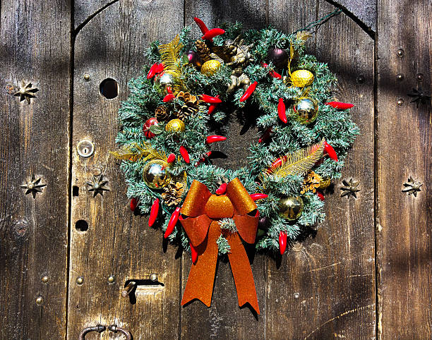 Close up minimalist composition of a handmade natural rustic twig wreath with dried buds hanging centered on a dark brown wooden door. Autumn winter holiday season decoration simple Scandinavian style interior home decoration farmhouse aesthetic craft natural materials eco friendly organic design element background