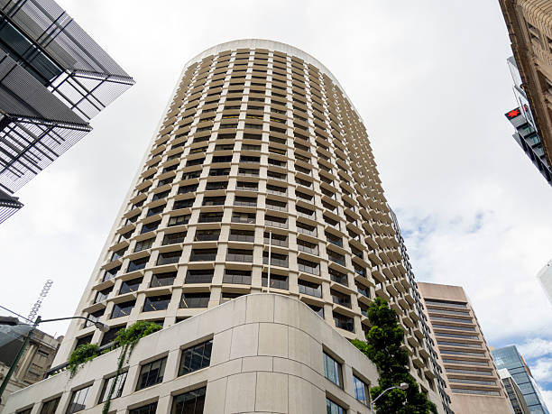 Exterior of a futuristic office building located in the Central Business District of Brisbane, Australia.