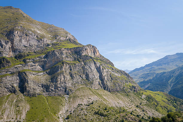 Jagged rock faces and grassy ledges rise sharply under a clear blue sky in the mountains near Gavarnie Gedre, French Pyrenees. The landscape features dramatic elevation, rugged textures, and summer sunlight.