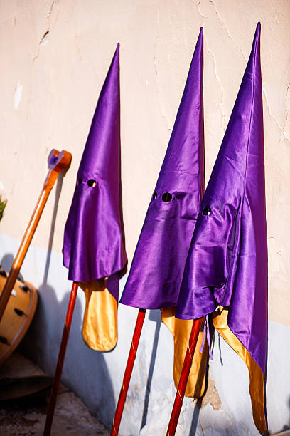 Rows of Purple Capirote Hoods in Villajoyosa, Valencian Community, Spain