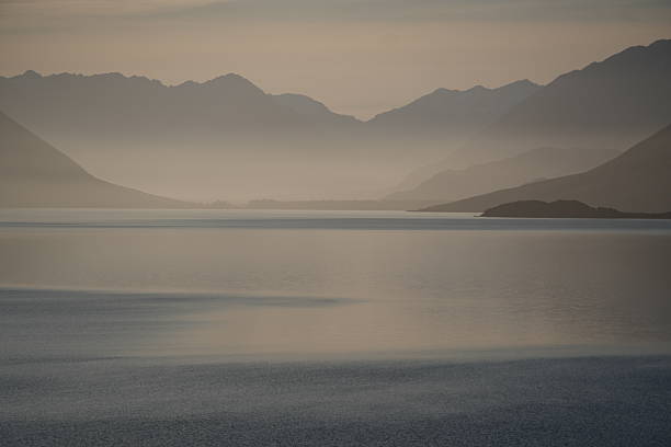 Lake and mountain view with subtle sunset hues