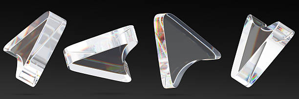 istock Glass arrow cursors set isolated on black background. Clear transparent 3D computer mouse render icon with rainbow light refraction, user interface navigation symbol to click button 2255010155