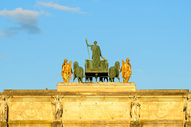 Arc de triomphe du carrousel featuring a quadriga and seated sculpture under an overcast sky