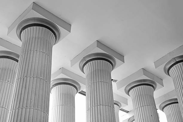 Low angle view of majestic fluted columns under a white ceiling, featuring classical architectural design in a clean, minimalist black and white style.