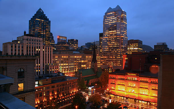 Skyline of downtown Montreal, Quebec, Canada at blue hour.