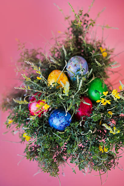 eggs as easter decoration on a bush in the spring