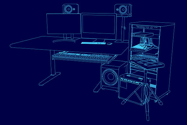 istock A modern home music studio desk with dual monitors, a synthesizer, and professional speakers against a deep blue background. 2255020025