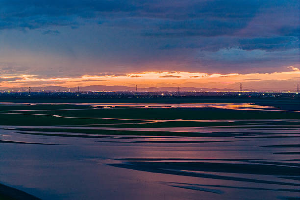 Beautiful sunset, wetland dried-up river, texture overlooking