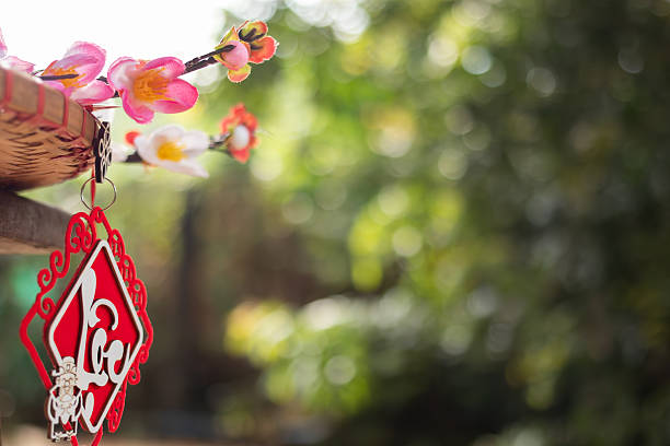 Traditional Asian decoration on a bamboo tray with a beautiful blurred nature background. Features plenty of room for custom text or brand logos