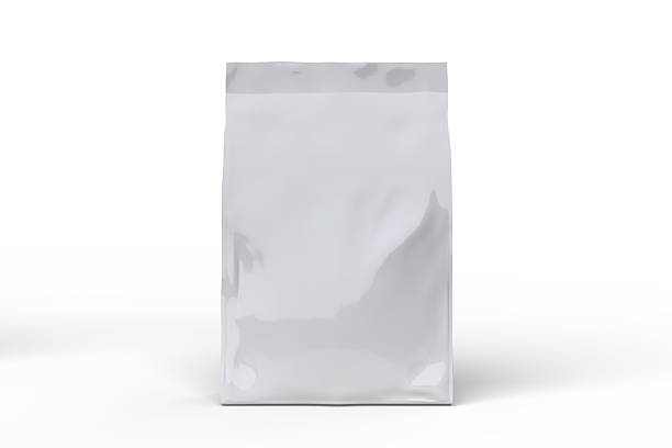 istock Blank white standing plastic foil pouch mockup, realistic flexible packaging isolated on background for product branding, food packaging design presentation snack wrappers, chips, cookies or pet food 2255023438
