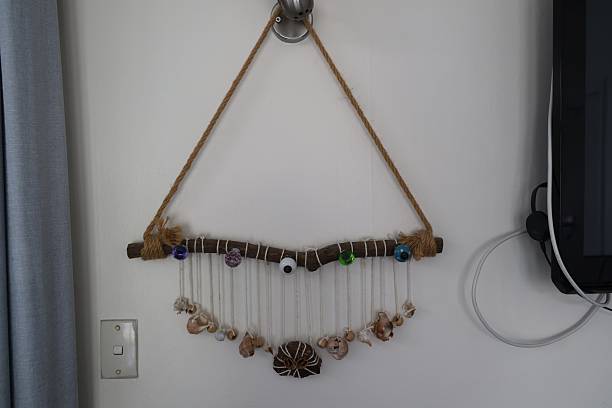 Decorative craft piece hangs plain interior surface decor shell driftwood
