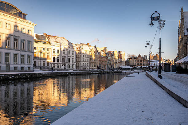 Ghent, Belgium - January, 6, 2026: Ghent's Old Town covered with snow during the winter holidays.