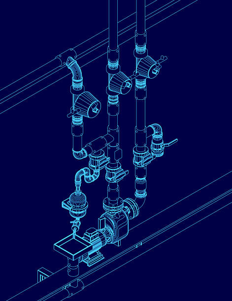 istock A blue schematic diagram outlines a water supply system with interconnected pipes and valves. An electric pump and engine are integrated into the contour design. Isometric view 2255026979