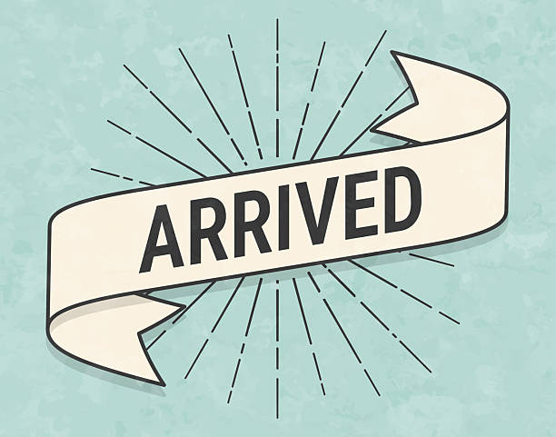 Arrived. Banner, ribbon, label in a trendy vintage style. Beautiful retro ribbon with old textured paper and sunbursts in the background. Colors used: green, blue, beige and black. The banner is beige with a black outline, the sunbursts and the text are black. The background is green-blue. Vector Illustration (EPS file, well layered and grouped). Easy to edit, manipulate, resize or colorize. Vector and Jpeg file of different sizes.