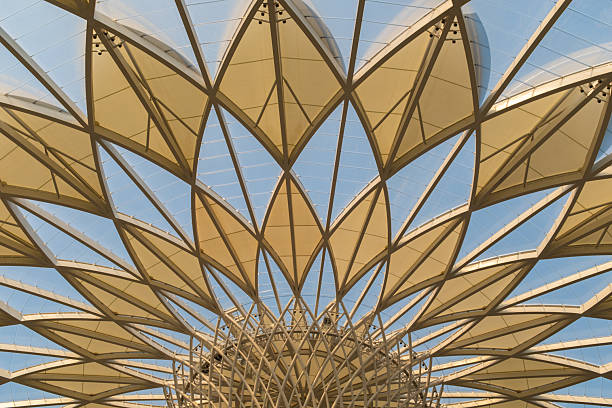 This image captures a dramatic low-angle view of a modern roof structure, featuring an intricate radial design reminiscent of a blooming flower. The canopy is composed of a network of white steel beams and translucent triangular panels that fan out symmetrically from a central hub. Set against a clear blue sky, the geometric latticework creates a visually striking pattern of light and structural depth, highlighting the engineering elegance of the architecture.