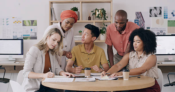 istock Editorial team, meeting or paperwork in creative agency, article feedback or changes for magazine feature. Publication, people or review content draft for grammar check, tips or ideas on sticky notes 2255038879