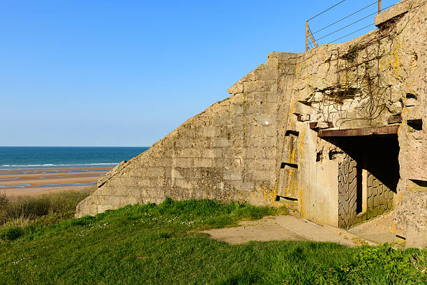 Sunlit concrete bunker with exposed rebar stands on a grassy slope overlooking the sandy shore and blue sea of Omaha Beach. The weathered structure contrasts with the vibrant green grass and clear sky.