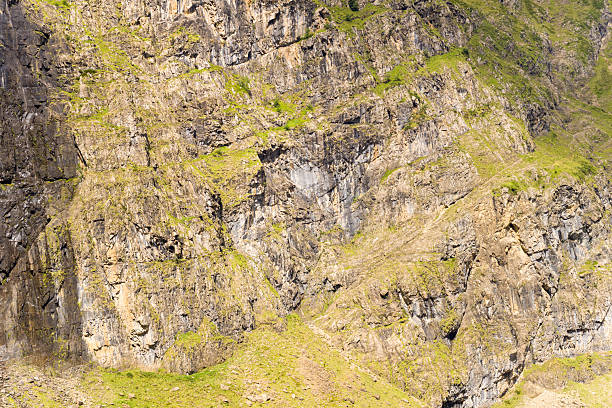 Steep vertical rock face with rugged textures and scattered green vegetation, brightly illuminated by sunlight in the Pyrenees mountains. Layers of exposed stone and sparse grass create a dramatic alpine surface.